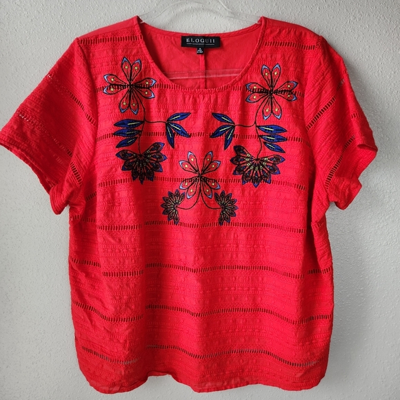 Eloquii Tops - ELOQUII Vibrant Red Floral Embroidered Laser Cut Texured Boxy Fit Top Blouse